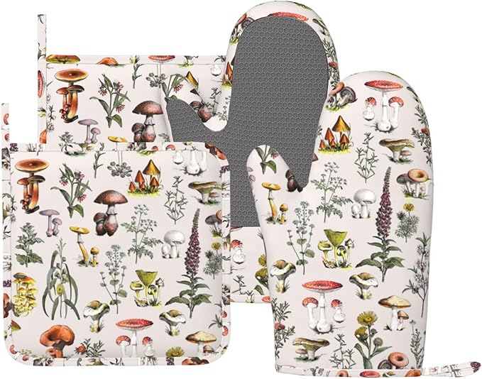 Vintage Botanical Oven Mitts and Pot Holders Set Silicone Heat Resistant Plants Herbs Mushroom Kitchen Gloves Set Nature Floral Kitchen Mittens Pot Holders for BBQ Cooking Baking Grilling