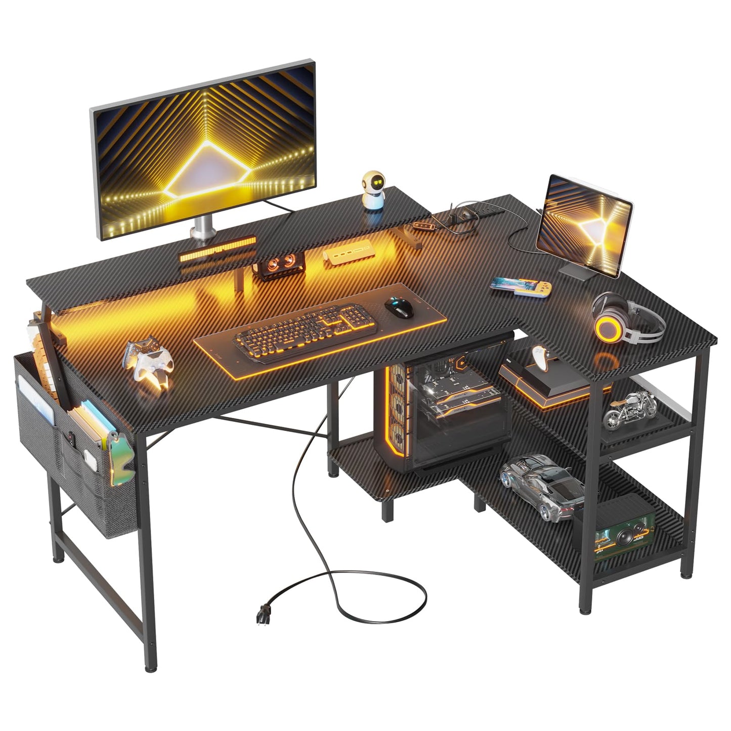 Casaottima 48 Inch L Shaped Gaming Desk with Storage Shelves & Monitor Stand, Reversible Corner Desk with USB Charging Ports and LED Lights, Computer Gamer Desk Table for Home Office, Black