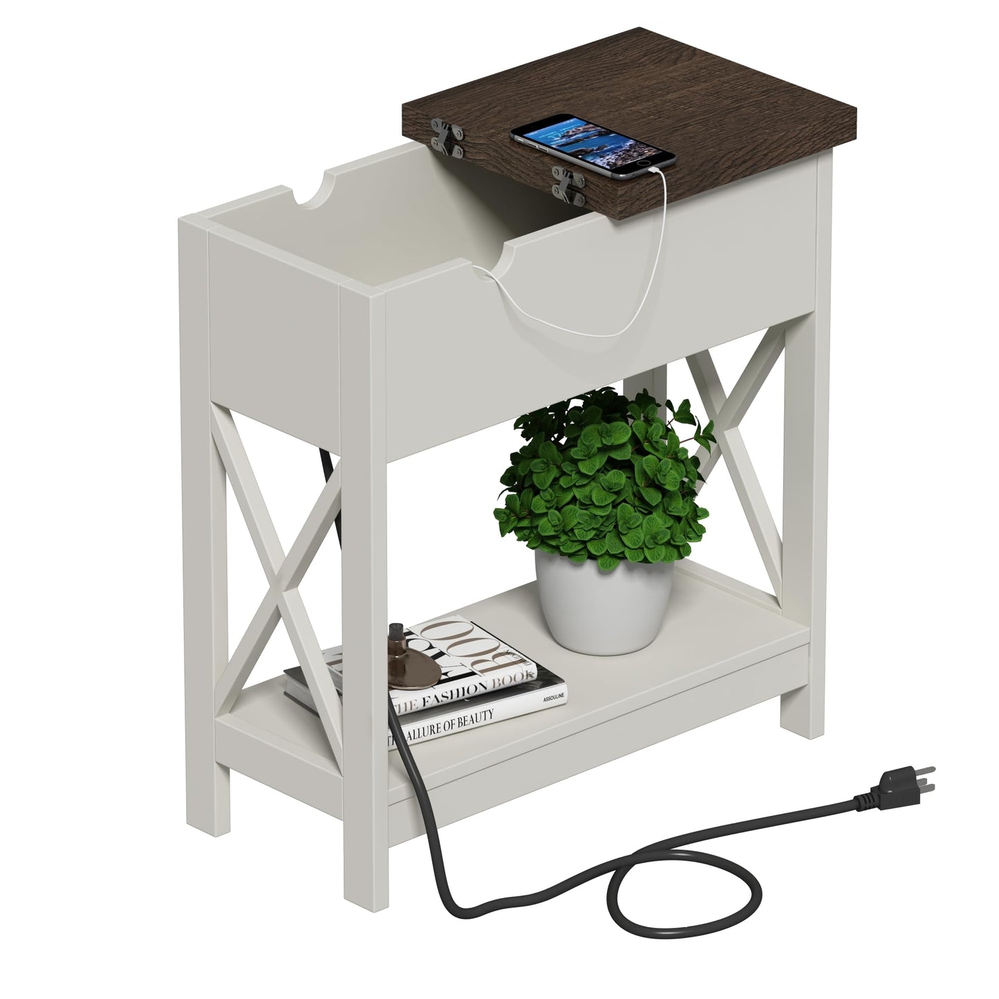 ChooChoo End Table with Charging Station, Narrow Flip Top Side Table with USB Ports & Power Outlets for Small Spaces, Nightstand Sofa Table for Living Room, Bedroom, White and Brown, 2 Pack