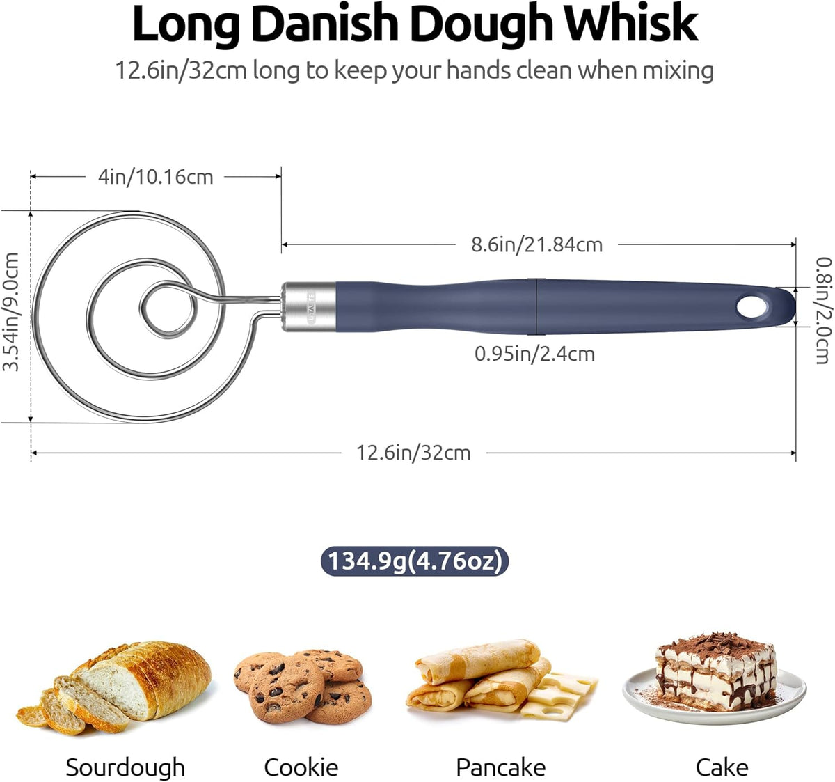 U-Taste 12.6" Danish Dough Whisk: 18/8 Stainless Steel Heavy-Duty Sourdough Mixer Tool, Food Grade Dutch Style Seamless Bread Wisk, Sturdy for Mixing, Stirring, Kneading Thick Batter (Midnight Blue)