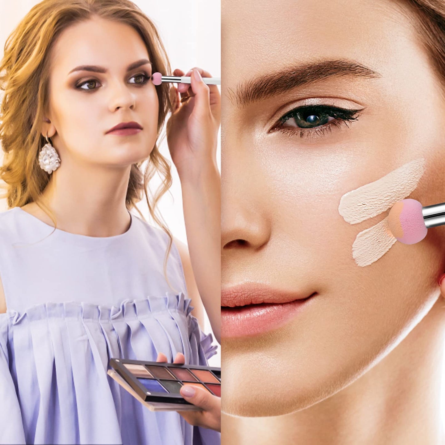 Sibba Foundation Brushes 4 PCS Makeup Setting Powder Blush Beauty Techniques Sponge Angled Stick Liquid Concealer Cream Nose Face Contour Make Up Loose Powder Puff Under Eyeline Set Pressed Blending