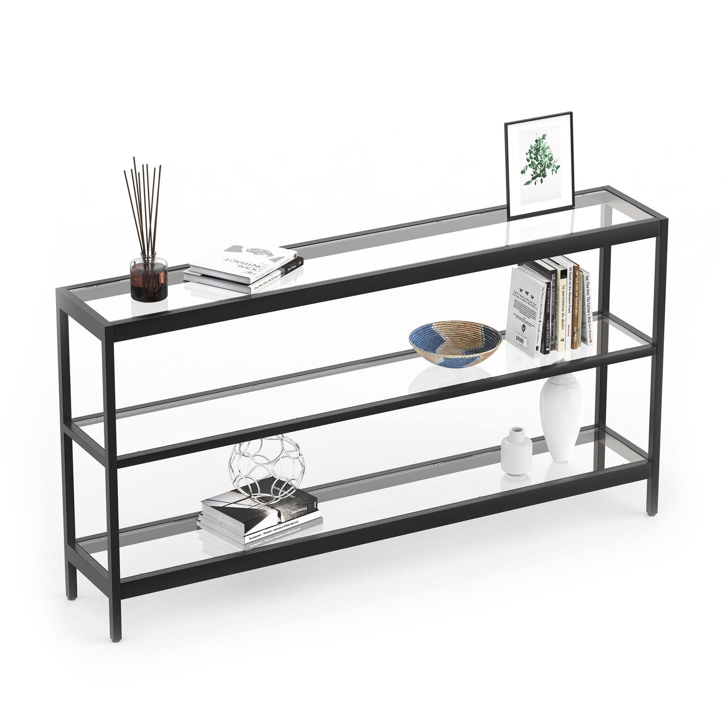 Evajoy Console Table, 55" Entryway Table with 3 Tiers, Open Glass Sofa Table for Living Room, Foyer, Entryway, Bedroom, Hallway, Black