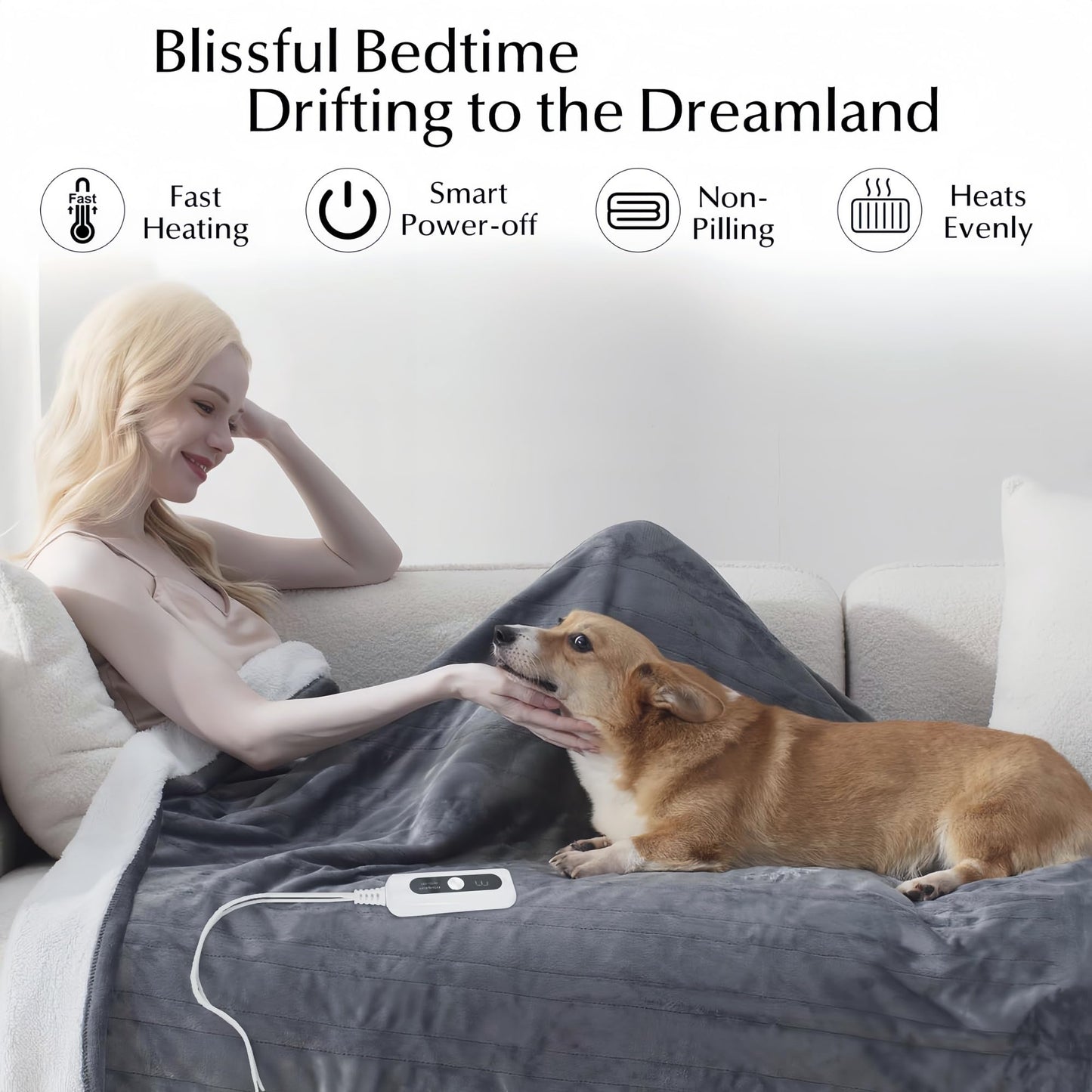SNUGSUN Heated Blanket Throw Size, Soft and Cozy Electric Heating Blanket for Bed, Automatic Safety System 6 Heating Levels & 4 Hours Auto-Off Gift for Grandma,50" x 60" London Grey