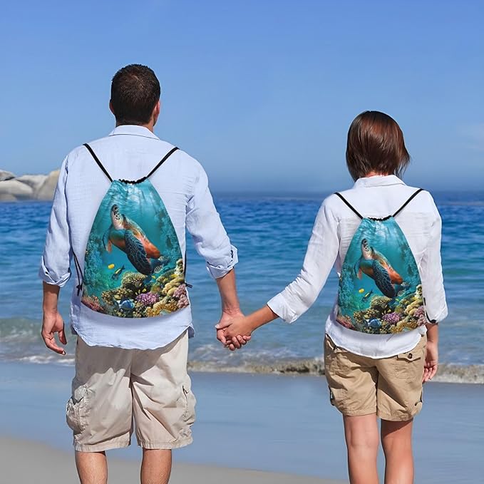 Sea Turtle Drawstring Bags Turquoise Drawstring Backpack Cute Fish Sackpack Draw String Cinch Bags for Sports, Gym, Travel, Swimming, Beach, Camping
