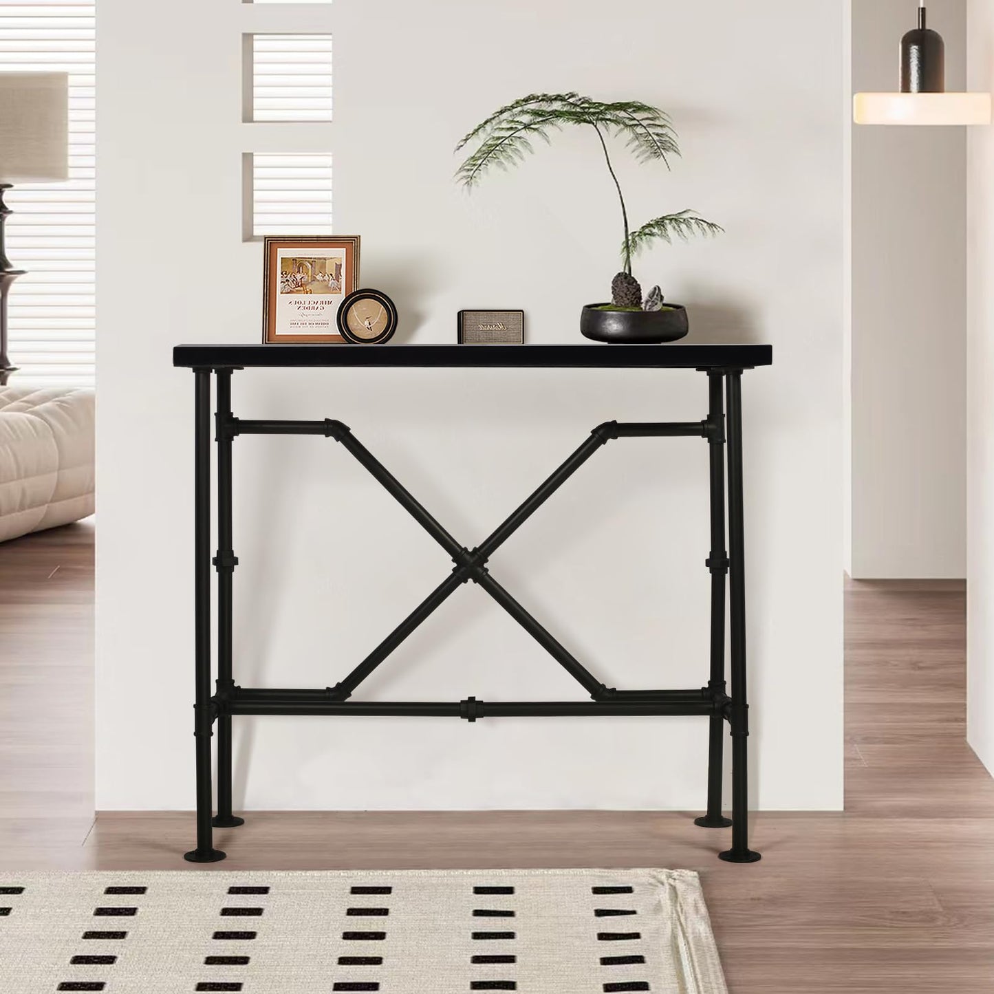 BOKKOLIK 41.3inch High Pub Table Industrial Rectangle Narrow Bar Table for Living Room Kitchen Vintage Console Table for Entryway Hallway Metal Pipe and Wood Design