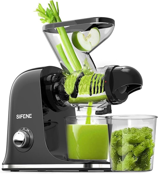 SIFENE Cold Press Juicer Machine, Mini Slow Masticating Juicer with Dual Feed Chute, Compact Electric Juice Extractor for Celery Ginger & Fruit, Easy Clean, Black