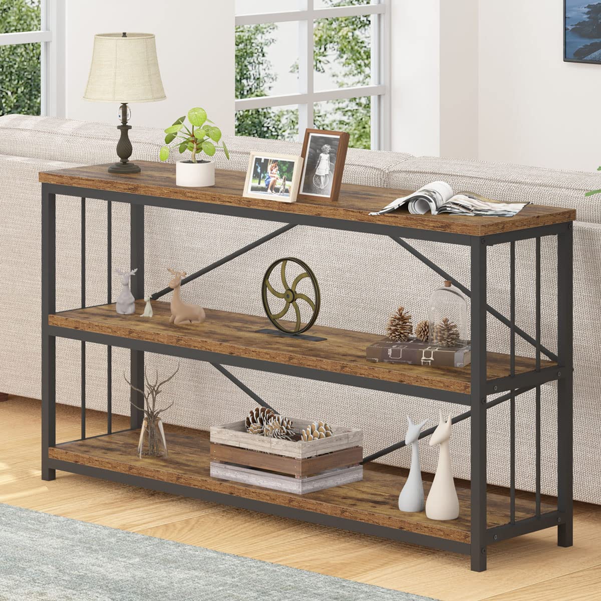 LVB Industrial Console Entryway Table, Metal Wood Rustic Sofa Table with Storage, Farmhouse 3 Tier Shelf Long Hallway Foyer Entry Tables Behind Couch for Home Living Room Entryway, Rustic Brown, 55 In