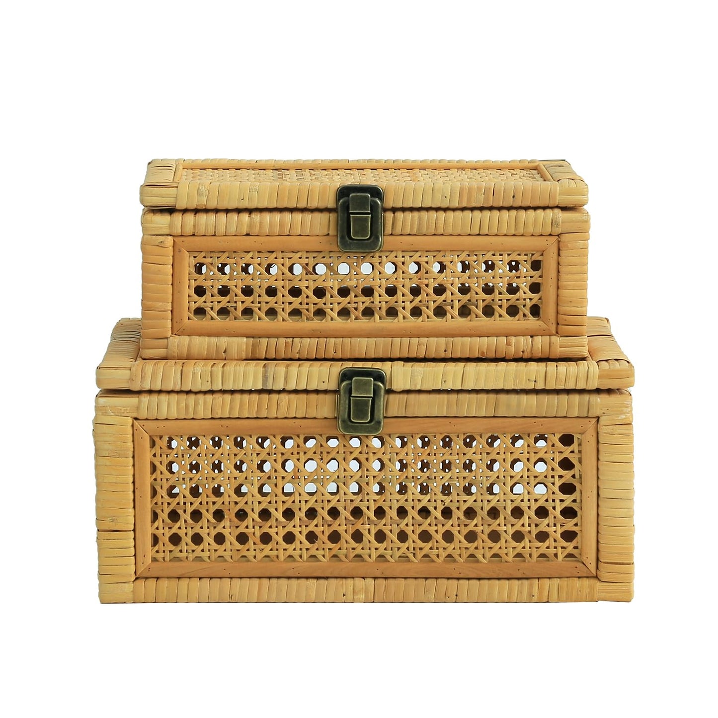 HuiDao Rattan Decorative Box, Boho Display Boxes with Lids, Set of 2 Rectangular Wicker Storage Basket, Natural Woven Cane Bins for Home Decor (Rectangular)