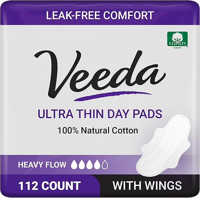 Veeda Natural Cotton Day Pads for Women - Heavy Flow Absorbent Ultra-Thin Feminine Pads with Wings - Hypoallergenic Period pads - Unscented & Chlorine free Sanitary Napkins - 112 Count