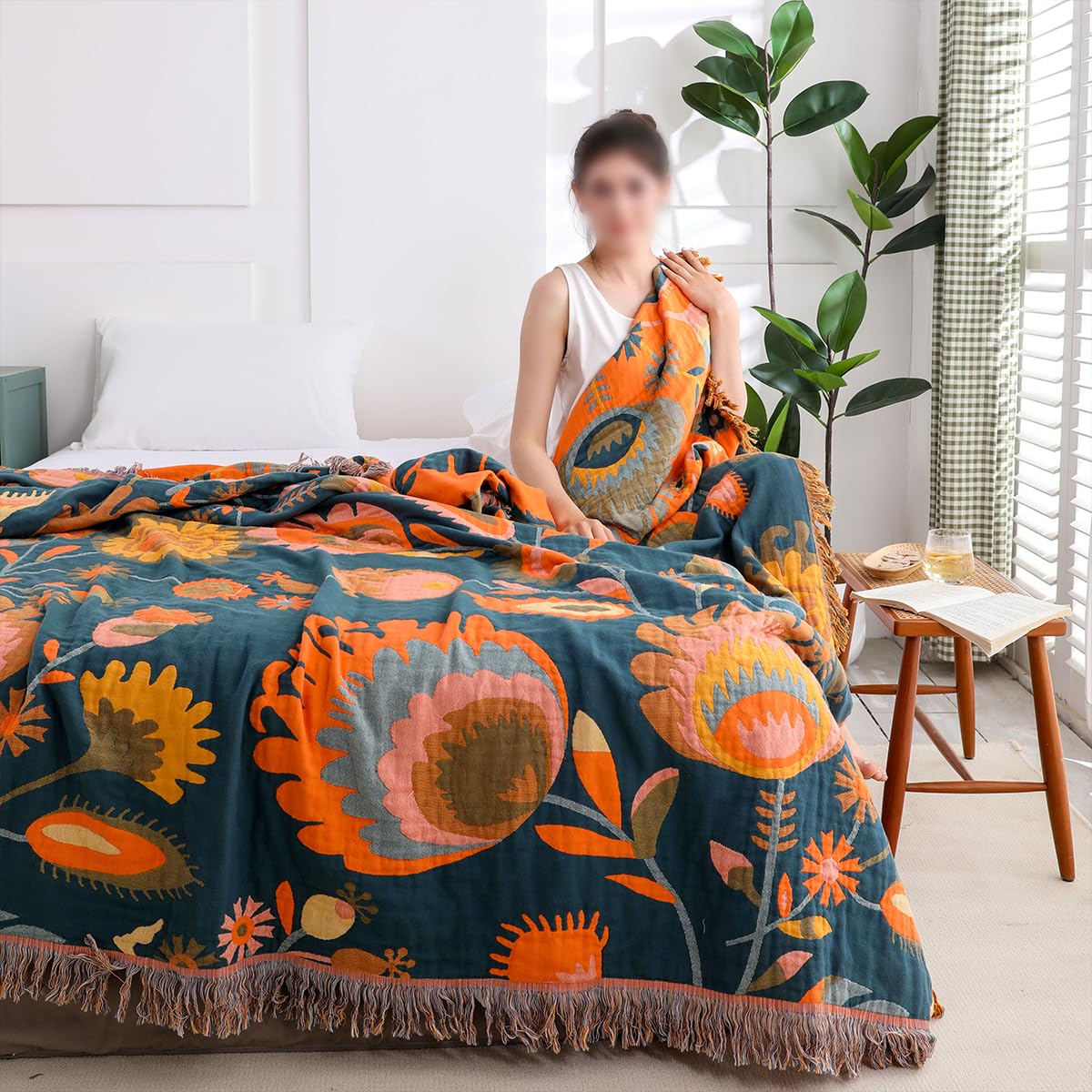 Hopstar Boho Throw Blanket for Bed - 100% Cotton Printed Farmhouse Decor Large Bed Blankets (Floral C, 60"×80")