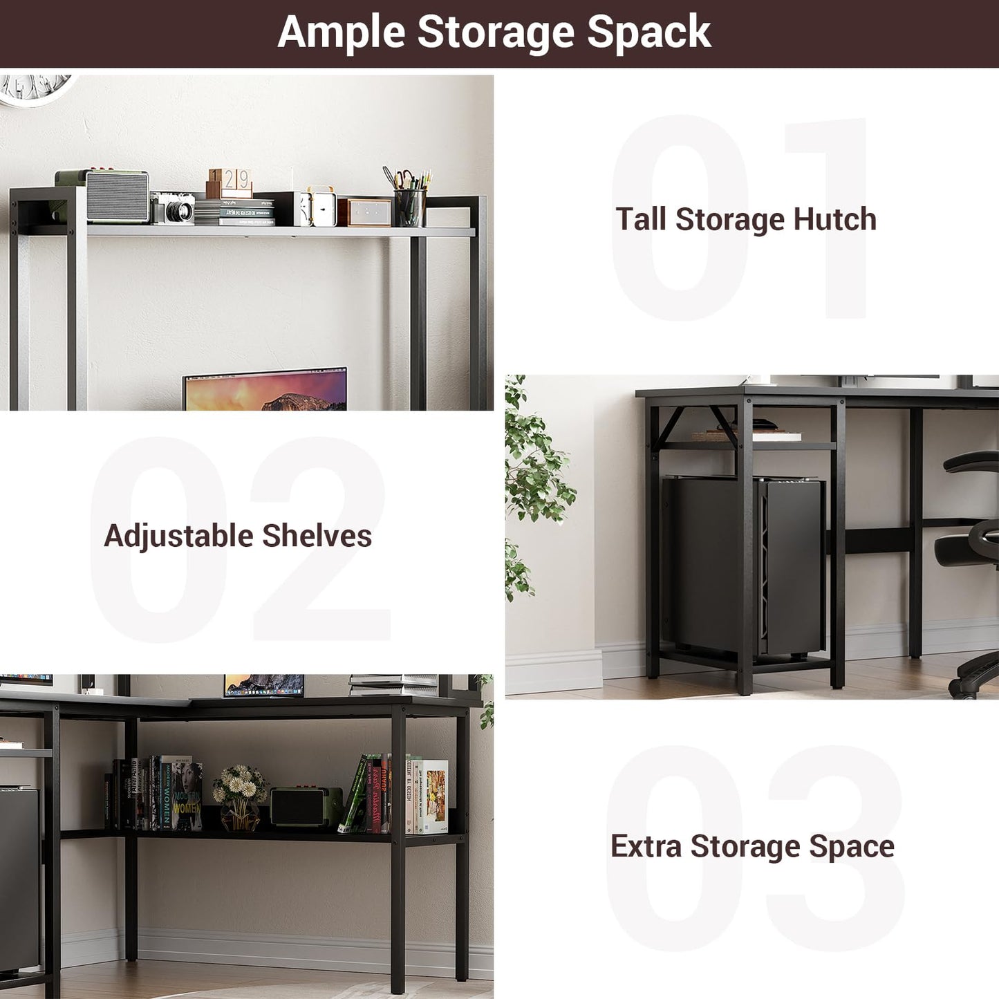 Unikito L Shaped Gaming Desk with LED Strip and Power Outlets, Reversible L-Shaped Computer Desk with Storage Shelves, Corner Desk with Hutch, 2 Person Home Office Desk, Black