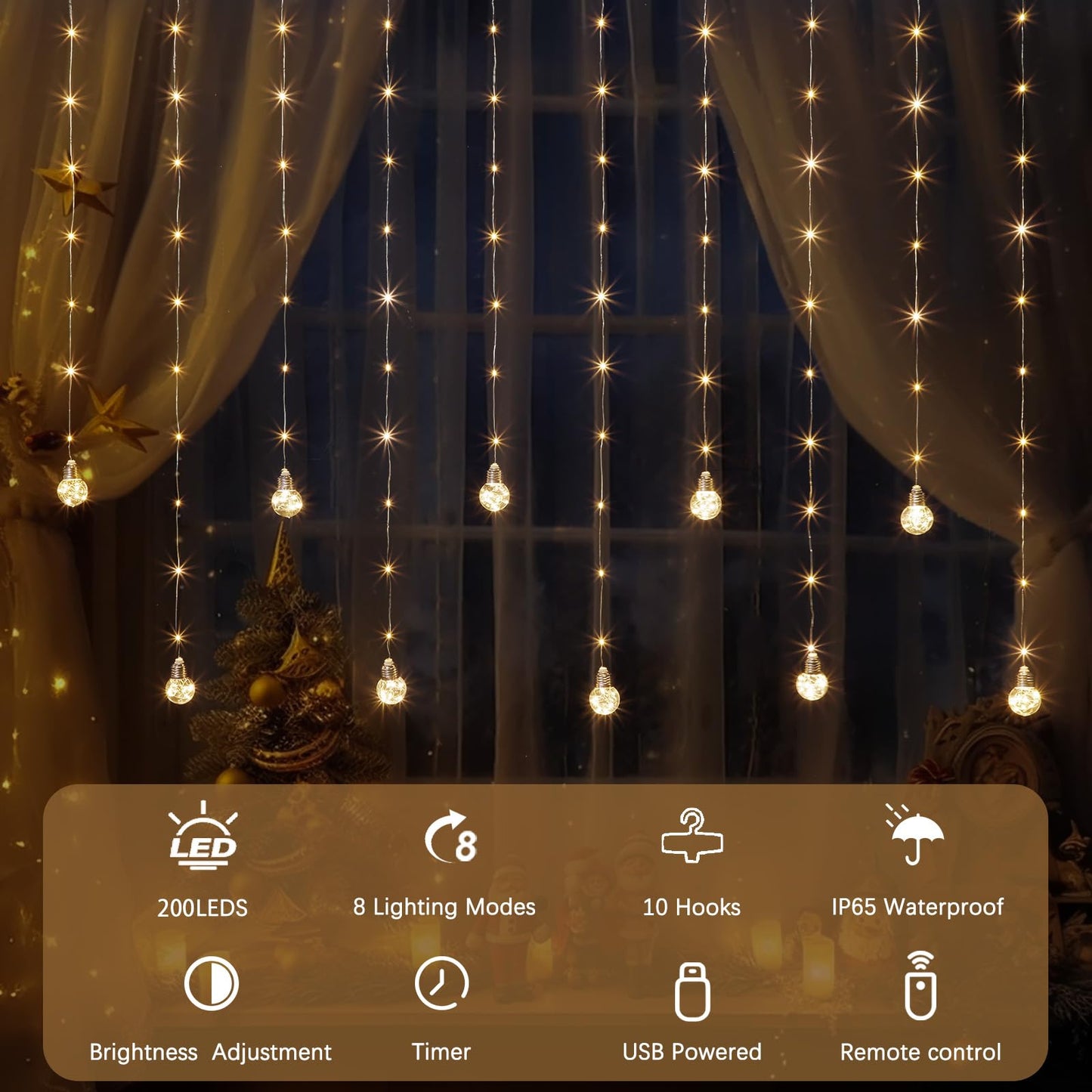 Minetom 200 LED Curtain Fairy Lights - 9.8 FT Wishing Ball Window Hanging Lights with Remote, USB Powered Waterproof for Christmas Wedding Bedroom Decoration, Warm White