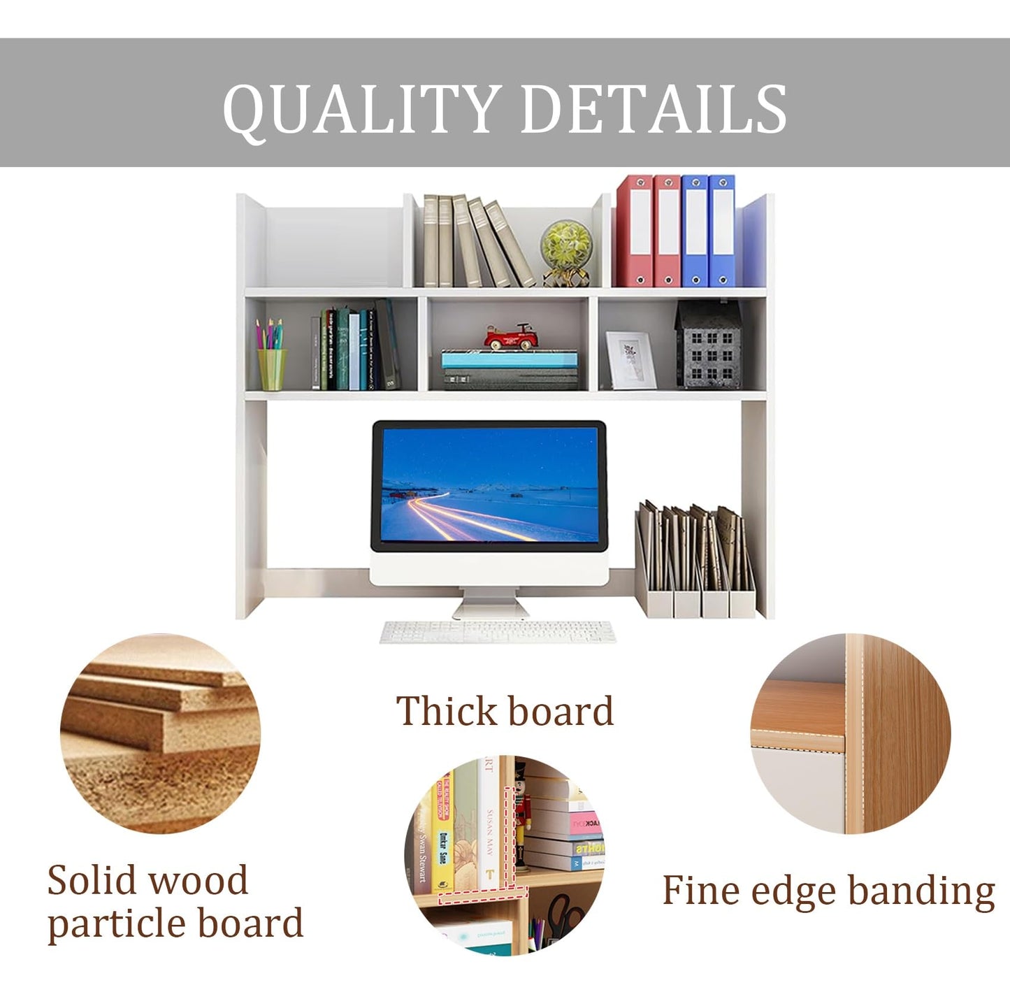 Dorm Desk Hutch, Wooden Desktop Shelf Organizer with 6 Cubbies for Computer Desk, Office, Dorm, Bedroom, White(70/80cm Length)