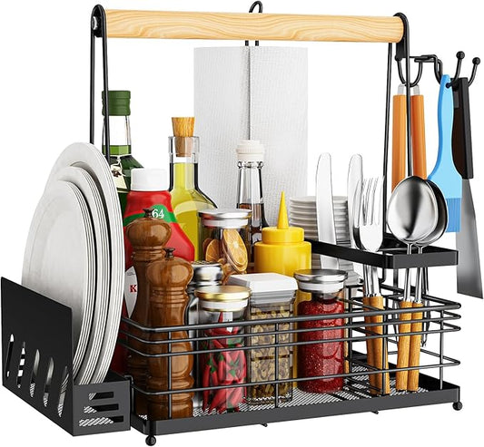 Grill Caddy, BBQ Caddy with Paper Towel Holder & Utensil Holder, Picnic Caddy Organizer for Outdoor Cooking, Tailgating, Camping | Must-Have for Patio, RV, Camper