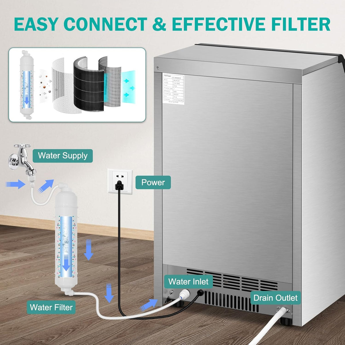 Commercial Ice Maker Machine, 150Lbs/24H with 45Lbs Large Ice Capacity, 55Pcs Clear Ice Cubes Ready in 8-15Mins, Freestanding Stainless Steel Ice Making Machine for Home Party Bar
