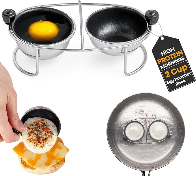Eggssentials Egg Poacher Insert Stainless Steel Poached Egg Cooker Eggs Poaching Cup PFOA Free Egg Poachers Nonstick, 6.25" Rack Compatible with Skillet Instant Pot Pressure Cooker, 2 Poached Cups
