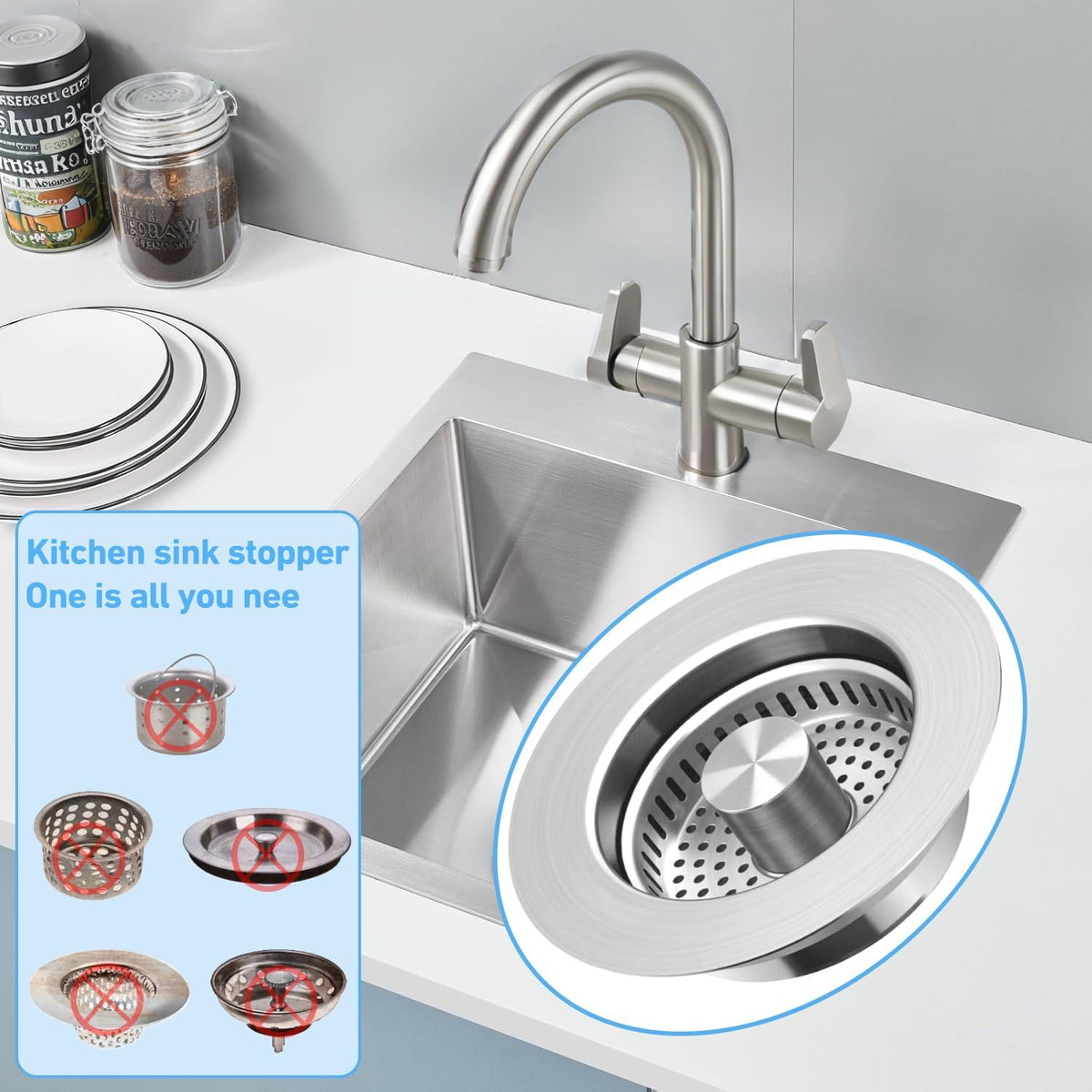 3-in-1 Kitchen Sink Drain Strainer & Stopper, Stainless Steel Food Catcher Plug with Filter Basket, Fits 3-1/2 Inch Drain Hole, Universal Sink Protector Cover, Anti-Clogging, Silver