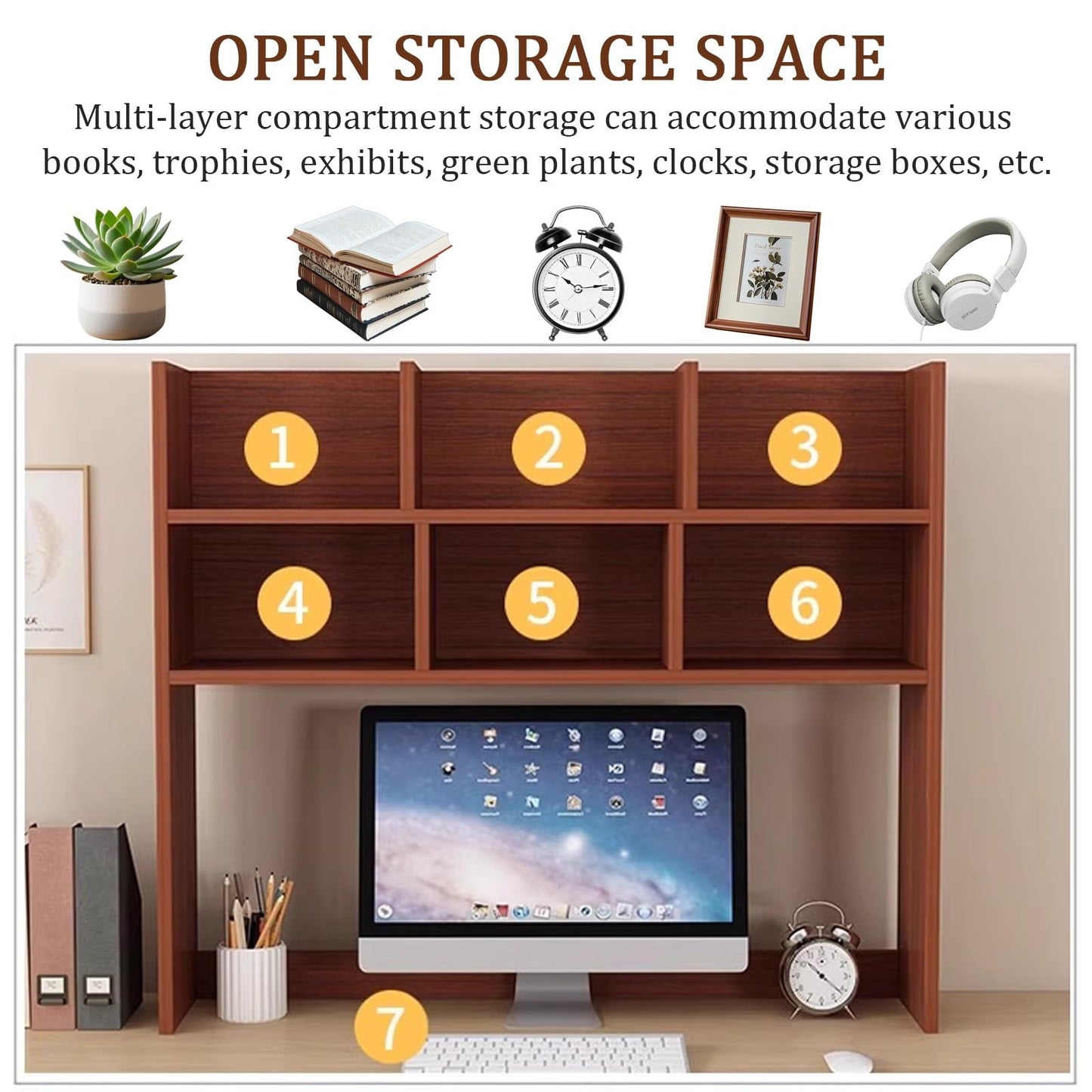 Dorm Desk Hutch, Wooden Desktop Shelf Organizer with 6 Cubbies for Computer Desk, Office, Dorm, Bedroom, White(70/80cm Length)