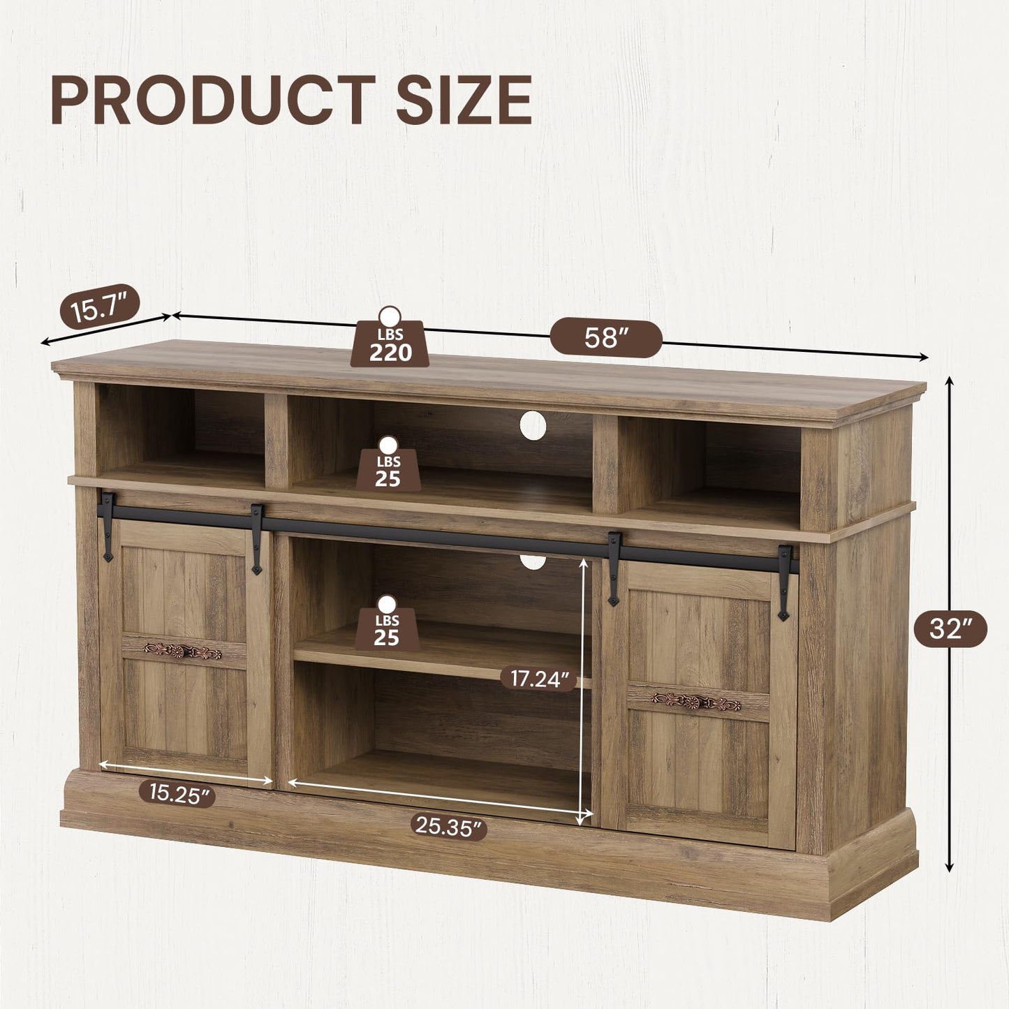 PinkMuse Sideboard Buffet Cabinet, 58" Kitchen Cabinet with LED Lights and Sliding Barn Doors, Farmhouse Coffee Table Bar Station Wood Buffet Cabinet with Storage for Kitchen, Dining Room,Rustic Oak