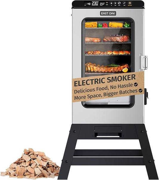 EAST OAK Ridgewood Pro Max Electric Smoker with Leg Kit, Built-in Meat Probe &Side Wood Chip Loader Up to 6× Longer Smokes, Adjustable Temperature Control Smoke More with 725 sq in Cooking Area