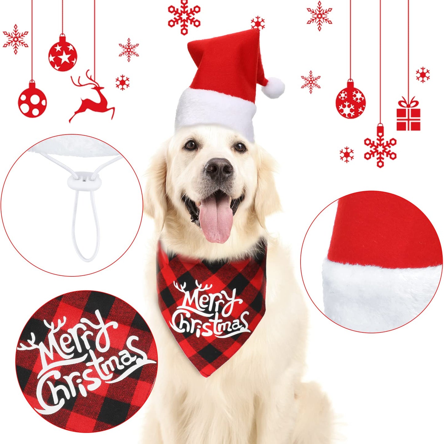 SATINIOR 4 Pcs Adjustable 3D Christmas Dog Santa Hat, Christmas Classic Buffalo Plaid Pets Scarf, Reindeer Antlers Headband with Ears Pet Costume Accessories for Dogs and Cats(Vivid Style)