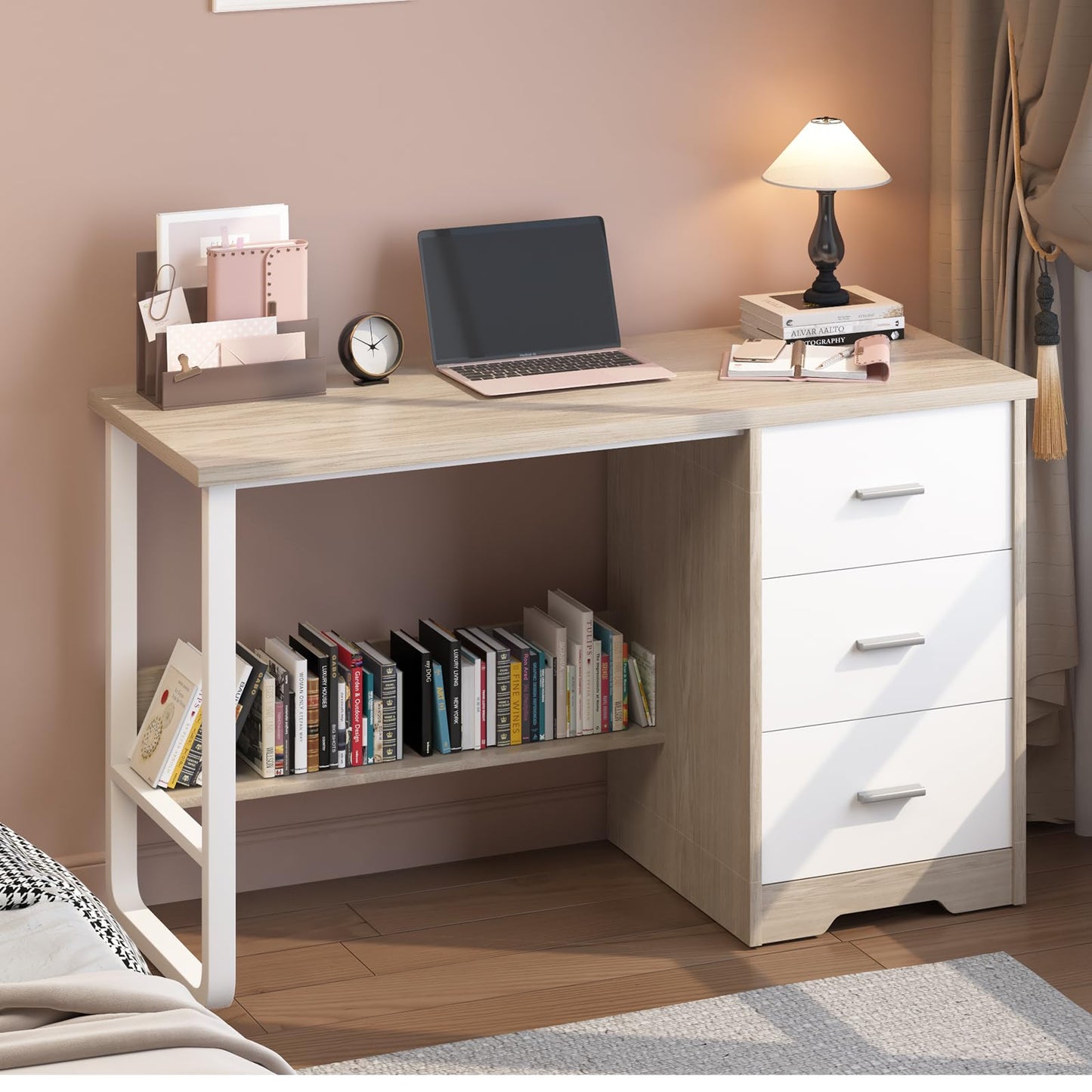 MaverickFurni Small Desk with 3 Drawers, 47 Inch Computer Desk with Drawers & Storage File Cabinet for Small Spaces, Home Office Desk for Bedroom, Bottom Shelves, White and Walnut