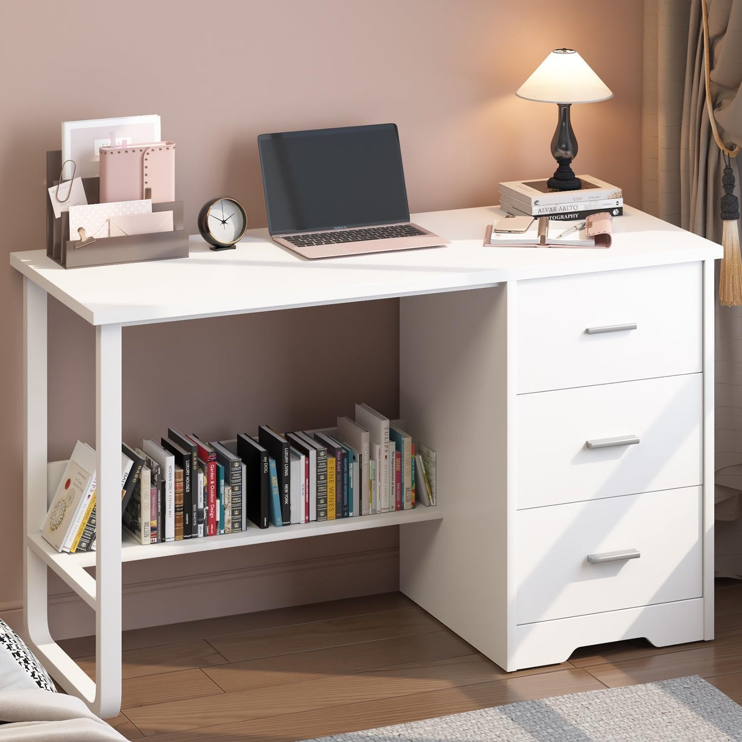 MaverickFurni White Desk with 3 Drawers, 47 Inch Computer Desk with Drawers for Bedroom, Small Home Office Desk with File Cabinet, Bottom Shelves for Small Spaces