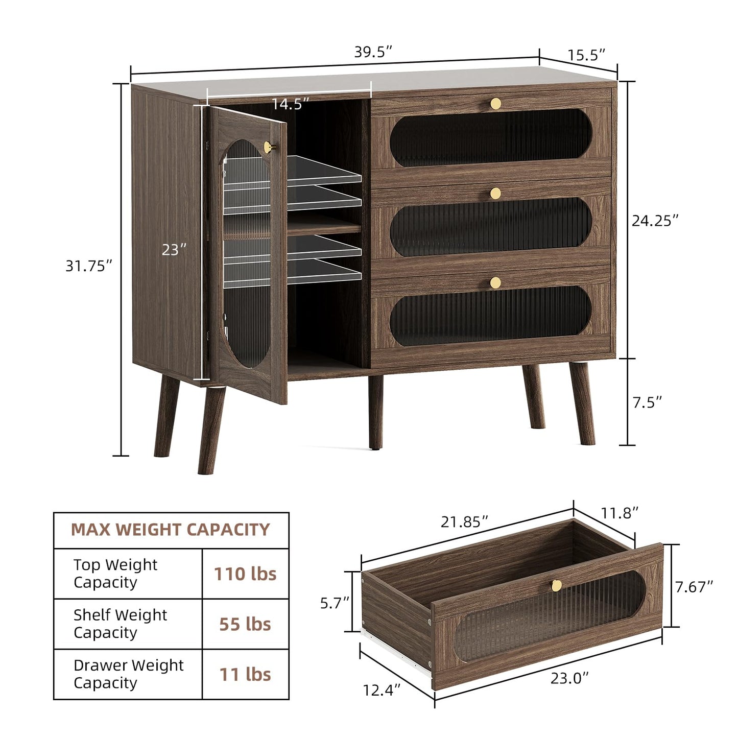 Ludatido Buffet Cabinet with Storage, Sideboard Cabinet with 3 Drawers and Adjustable Shelves, Modern Credenza with Fluted Glass Door for Living Room/Kitchen/Dining Room/Entryway, Walnut