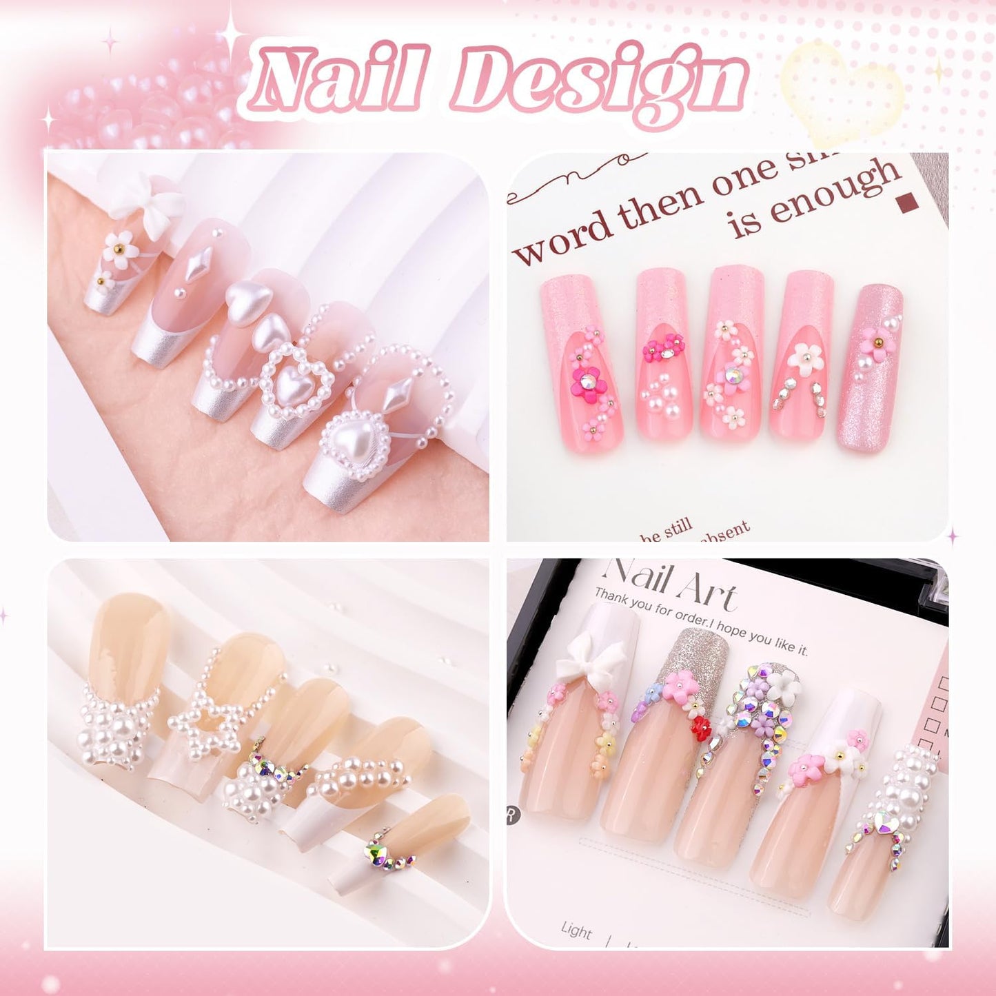 Flatback Pearls (White) and 3D Flowers for Nail Art, Pearl Nail Charms and Nail Flowers Blossom with Small Round Caviar Nail Beads Nail Accessories for Acrylic Nail Tips Manicure Decor