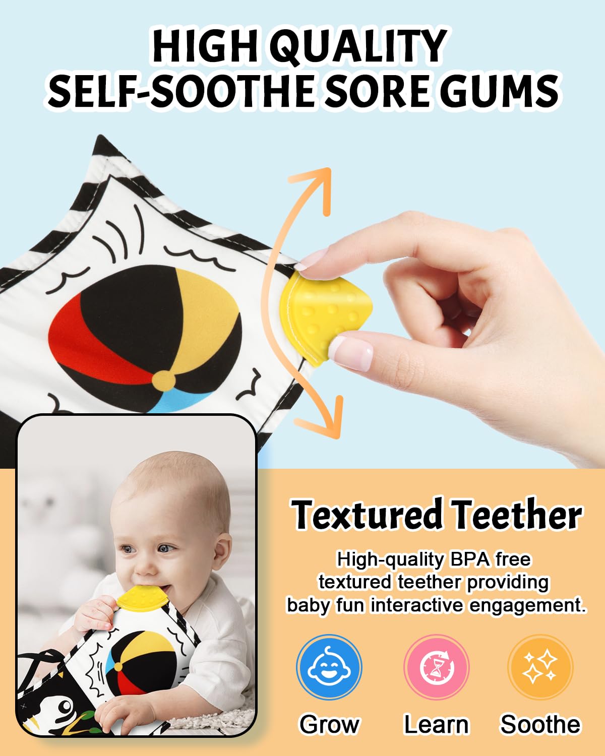 High Contrast Baby Book with Teether, Black and White Baby Book, 0-6-12 Months Soft Book for Newborn, Sensory Books, Montessori Learning Activities for Babies, Easter Basket Stuffer