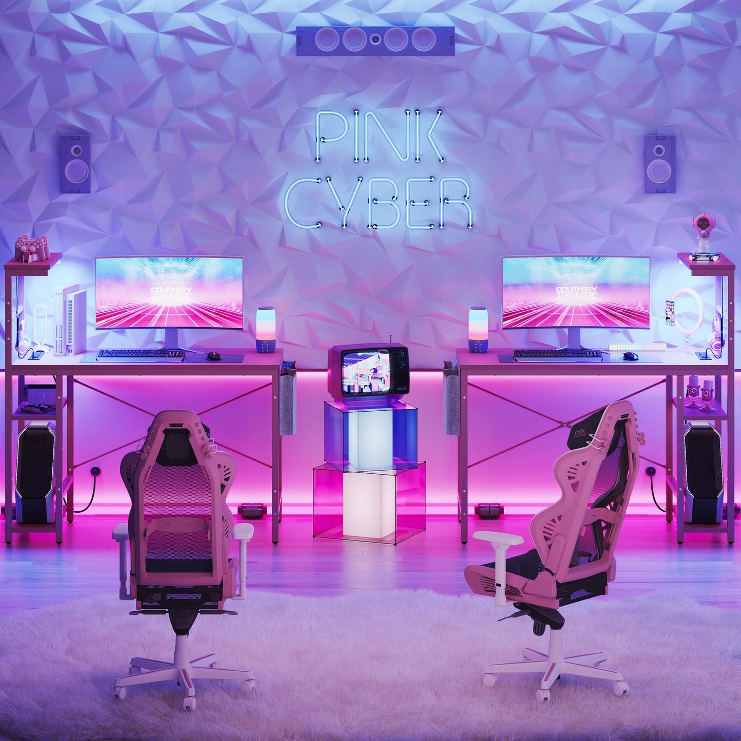 Bestier Pink Gaming Desk with Power Outlets, 44 Inch Led Gamer Desk with 4 Tiers Reversible Shelves, Computer Desk with Headset Hook & Side Storage Bag for Bedroom (Pink 3D Carbon Fiber)