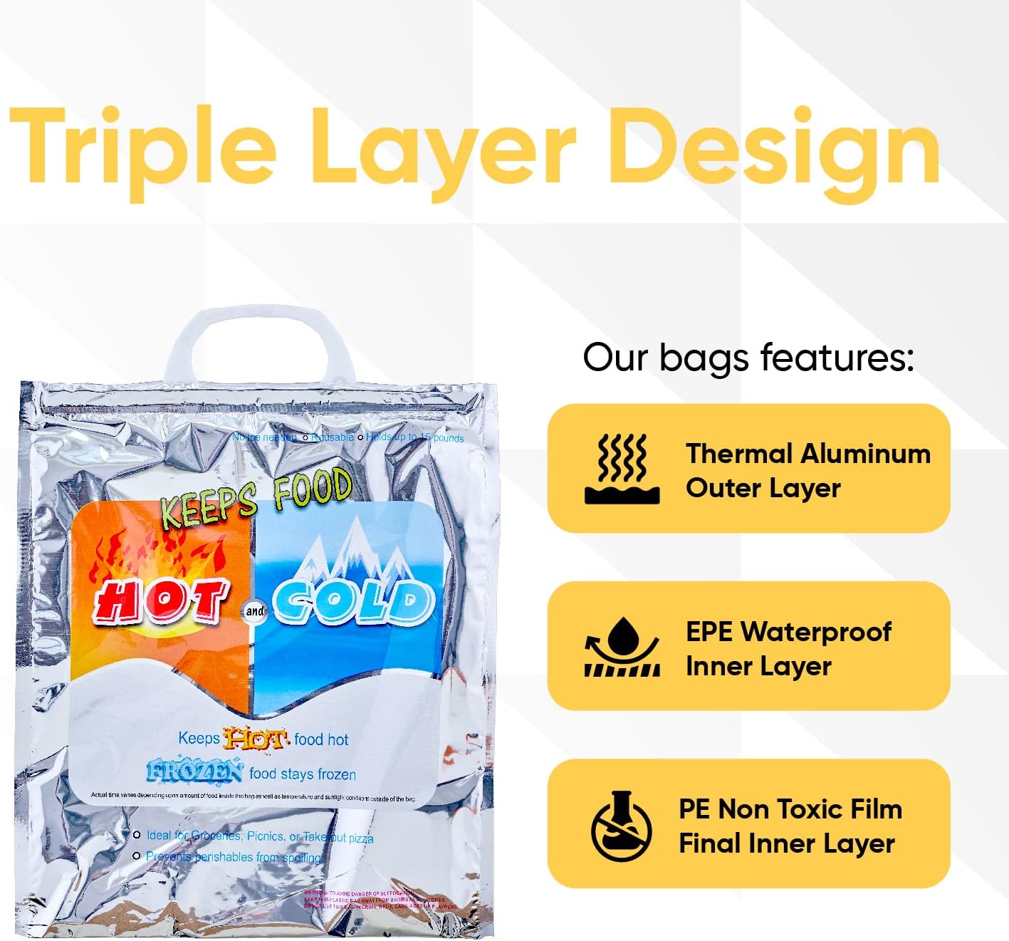 Superio Hot and Cold Insulated Bags for Food Delivery, Grocery Shopping Bags, Food Storage for Hot and Frozen Food for Travel, Disposable Cooler Bag, Reinforced Thermal Lunch Bag (1, 13"x7"x15.5")