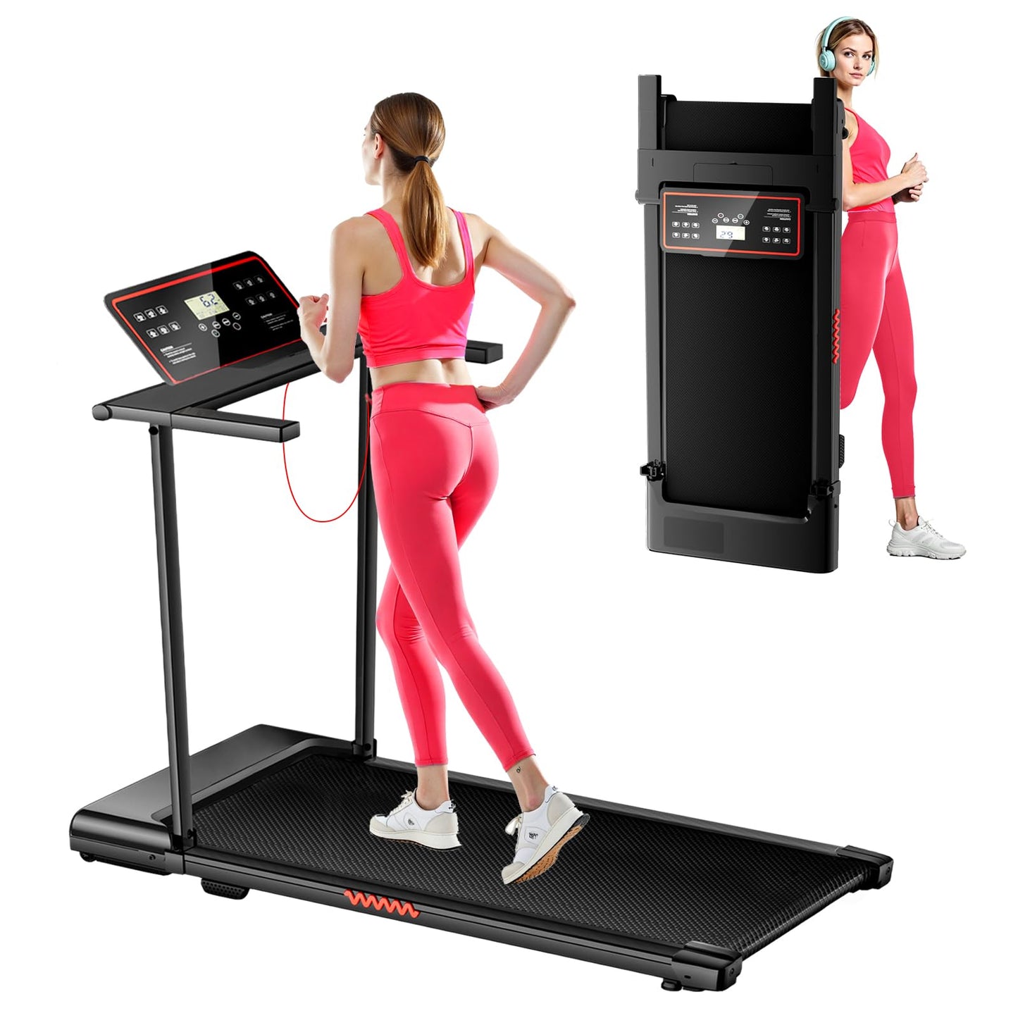 Portable Treadmills for Home, Electric Walking Pad Treadmill with 12 Preset Programs, 3.0HP Treadmill with Handle for Small Home, Waking Pad,Compact Running Treadmills with 320LBS Capacity(Black)