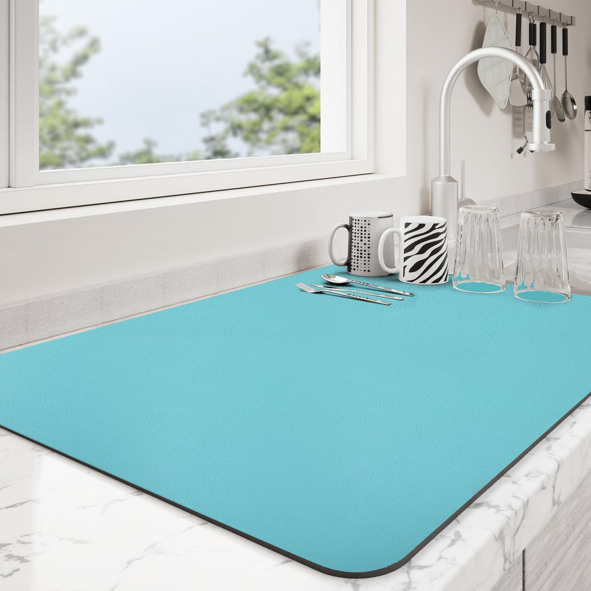 Dish Drying Mat for Kitchen Counter | Coffee Bar Mat for Countertops | Heat Resistant Drainer Mat with Non-slip Rubber Backed | Hide Stain Kitchen Absorbent Draining Mat | Turquoise 18"x28"