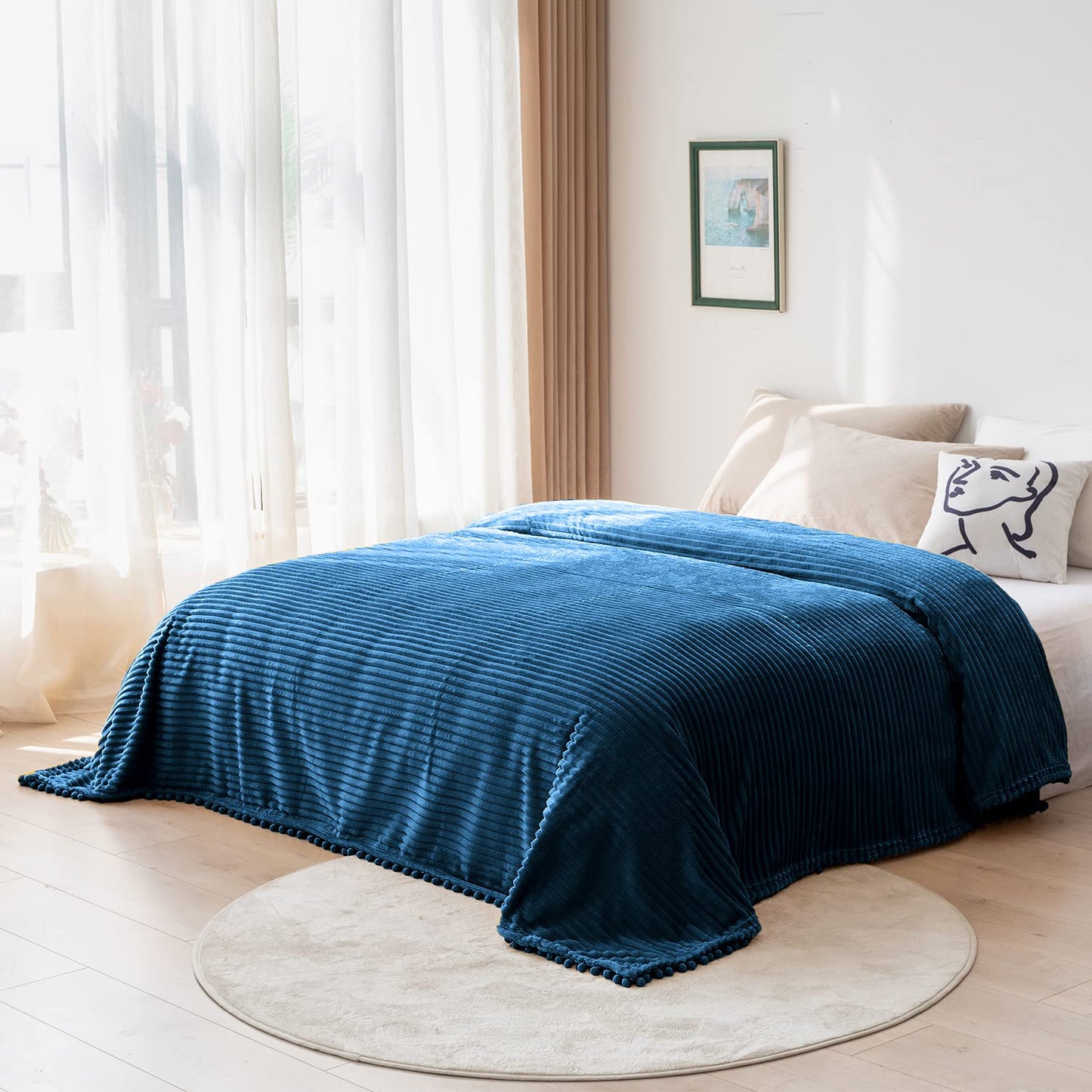DISSA Fleece Blanket Throw Size – 51x63, Blue – Soft, Plush, Fluffy, Fuzzy, Warm, Cozy – Perfect Throw for Couch, Bed, Sofa - with Pompom Fringe - Flannel Blanket Throw Blanket