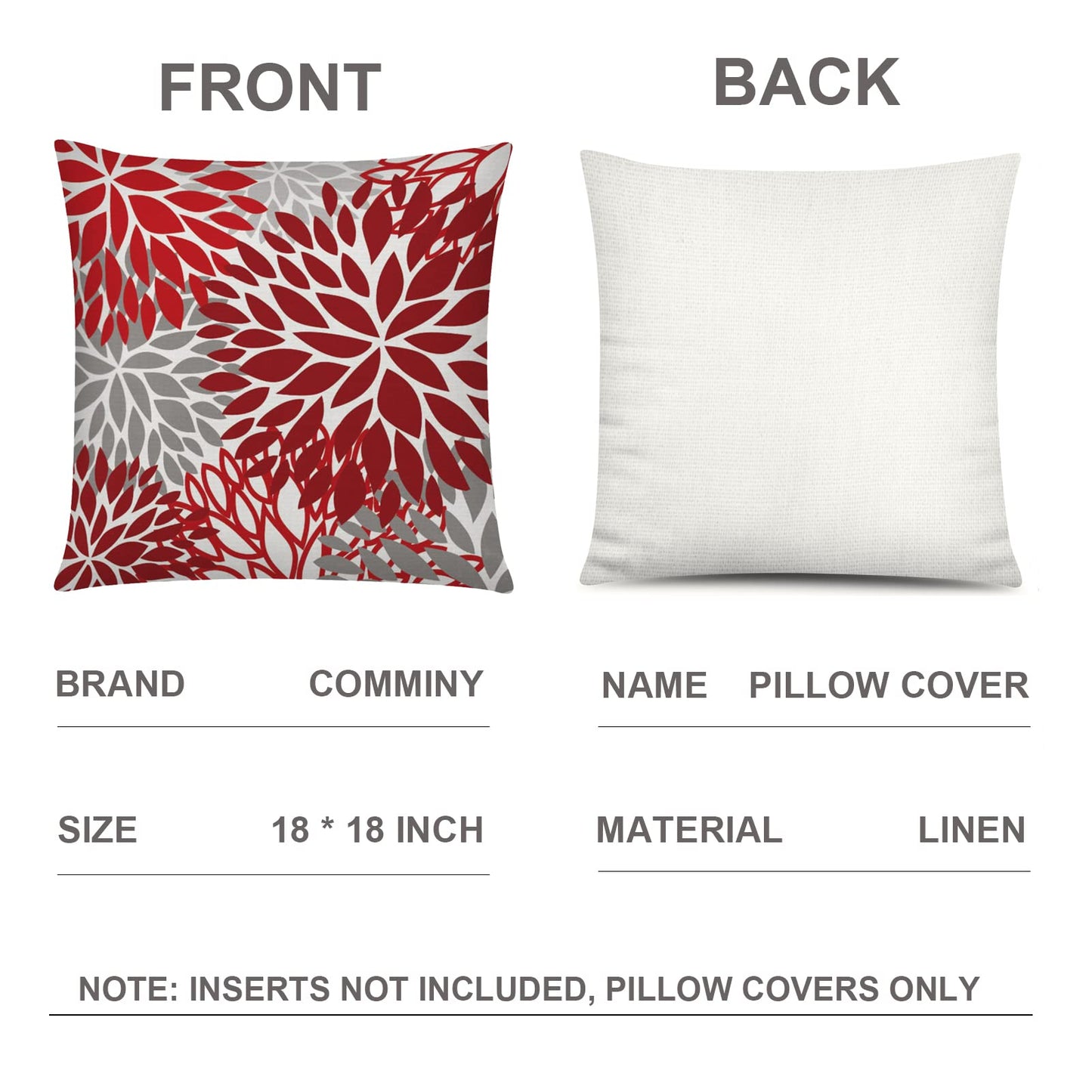 COMMINY Red Grey Pillow Covers 18x18 Set of 6 Decorative Burgundy Daisy Throw Pillow Cover for Couch Modern Farmhouse Cushion Pillow Case for Living Room Patio Home Decor