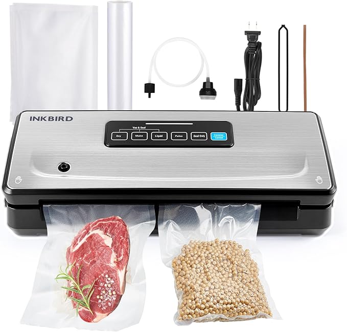 Food Vacuum Sealer Machine 10-In-1 with Bag Storage(Up to 20FT) and Cutter, INKBIRD Food Sealer Vacuum Sealer for Food with Moist/Dry/Canister 5 Food Modes, Starter Kits Bags*5 and Bag Roll*1, 85KPa