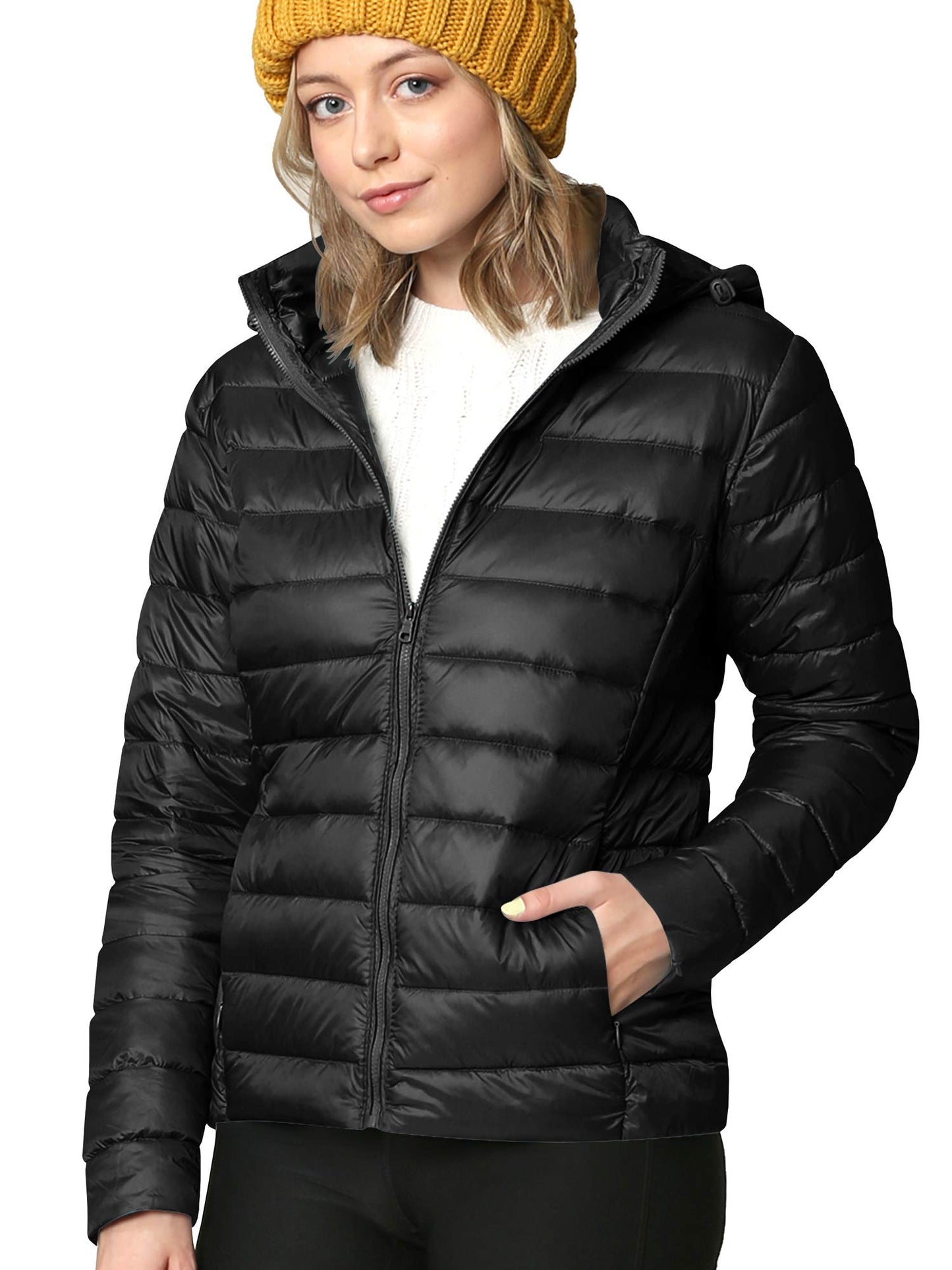 LL WJC2144 Women's Ultra Light Weight Packable Down Jacket with Removable Hoodie L Black
