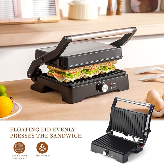 Panini Press Grill Sandwich Maker, Large Electric 3 in 1 Panini Sandwich Maker Grill, Open 180 Degrees for Grill Indoor, Perfect for Grilling Steaks, Burger, Sandwich,Non-stick Pan
