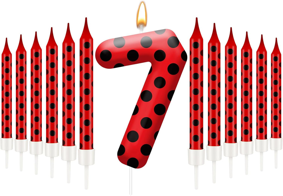 13PCS Ladybug Theme Birthday Candles Set - Red & Black Polka Dot Decorative Candles for Kids Ladybug Themed Parties, Baby Showers, Birthday Cakes, and Ladybird Inspired Celebrations(Number 7)