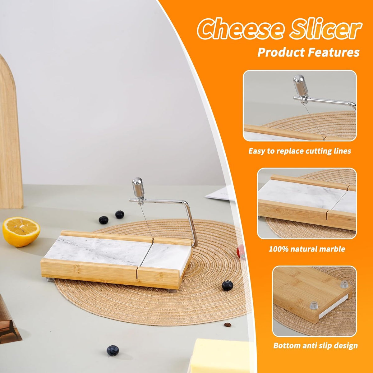Tianman Cheese Slicer Cheese Cutter with 4 Replacement Cutting Wire,Heavy Duty 8.27"x 4.4",Marble Board Cheese Slicer for Block Cheeses, Butter,Cakes and More(White Grey)