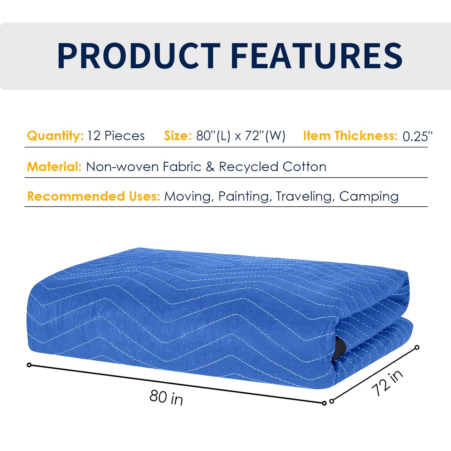 Diamond UP 12 Moving Blankets, Extra Large Moving Blanket for Furniture, Professional Quilted Furniture Shipping and Storage Pads, 80" x 72", Blue and Black(12 Packs)