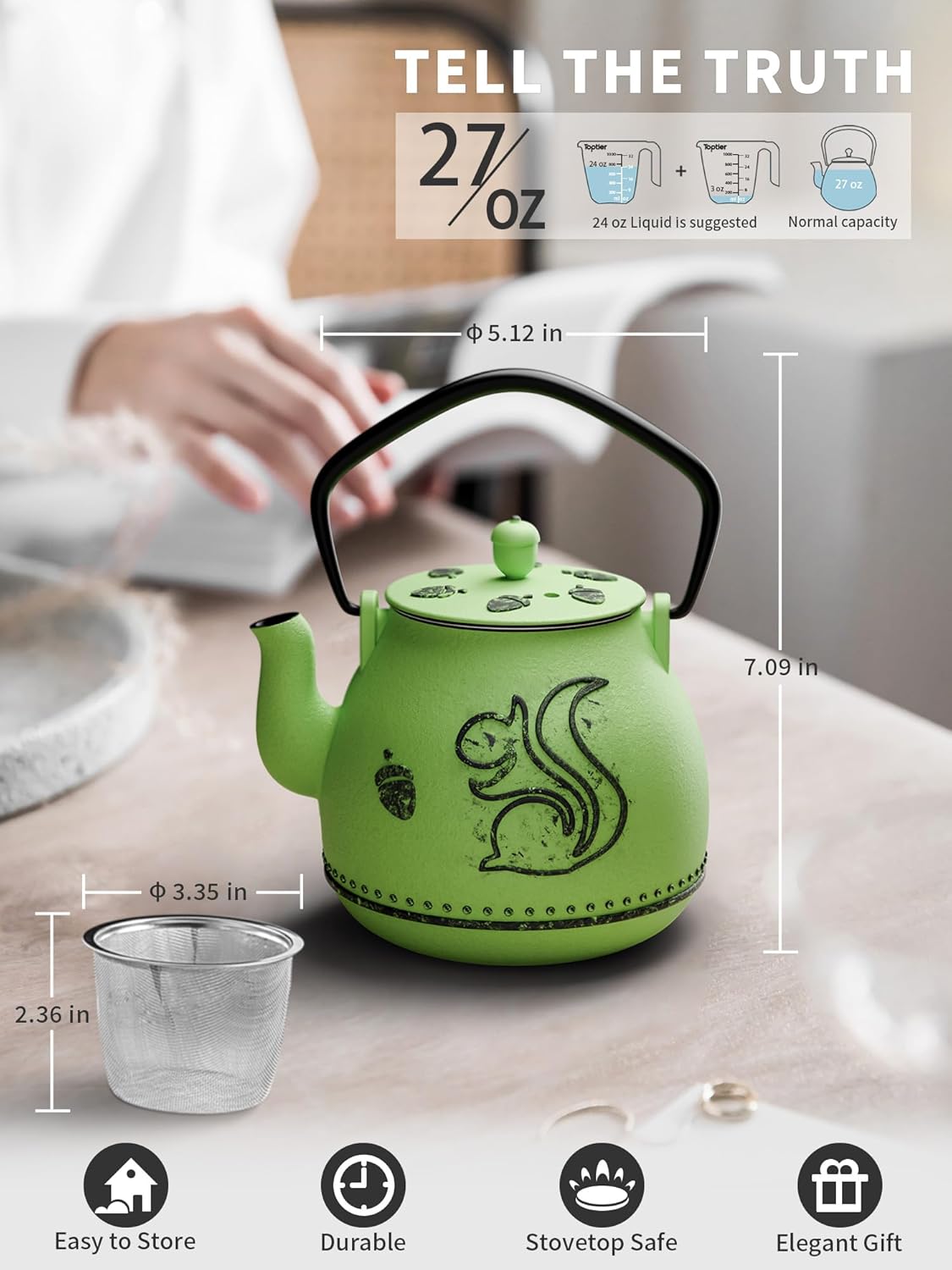 Toptier Teapot with Removable Infuser, Cast Iron Tea Kettle Stovetop Safe, Squirrel Design Tea Pot Coated with Enameled Interior for 32 Ounce (950 ml), Bright Green