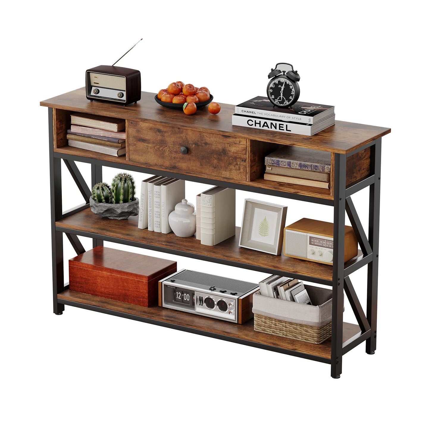 Mexin Console Table with Drawer Shelves, Entryway Table with 3 Tier Storage Shelves, Industrial Wood Hallway Sofa Table for Living Room, Couch, Foyer, Kitchen Counter, 47 Inch Rustic Brown