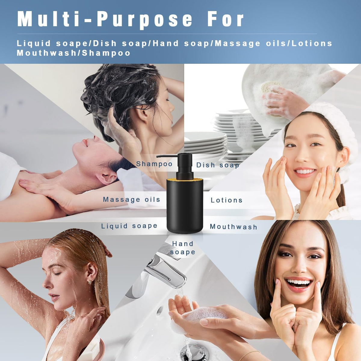 Soap Dispenser for Bathroom and Kitchen, 12oz Modern Minimalist Style Plastic matte black Empty Lotion Dispenser with Refillable Pump,Liquid Bottle for Hand Soap, Dish Soap,College Dorm Use