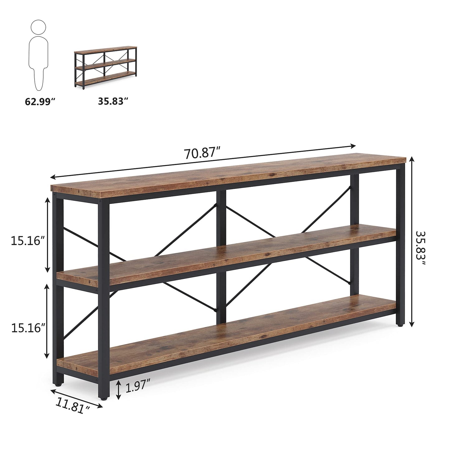 Tribesigns 71" Sofa Tables Extra Long Couch Table, Narrow Long Console Table, Entryway Table,Sofa Table with 3 Tiers Storage Shelves (Rustic Brown)