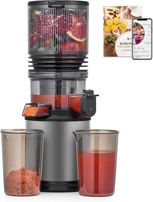 Cold Press Juicer Machine with 6" Extra-Wide Feed Chute,Triple Stainless Steel Filter,Quiet DC Motor,Easy to Clean,Slow Masticating Juicer High Juice Yield,Grey