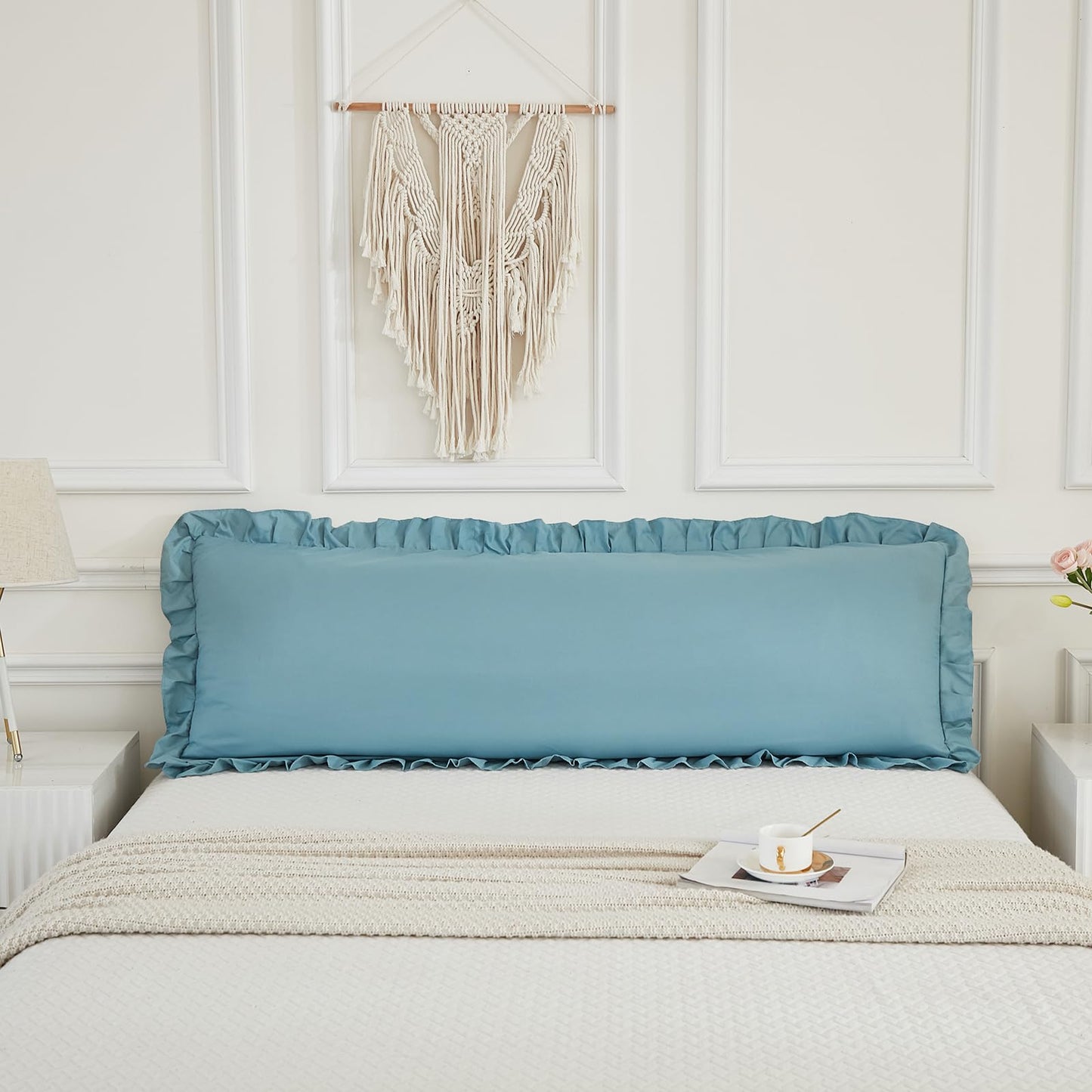 Dusty Blue Body Pillow Cover 20x54inches Long Pillowcase Ruffled Fringe Decor Sham Cute Pillowcase (1 Body)