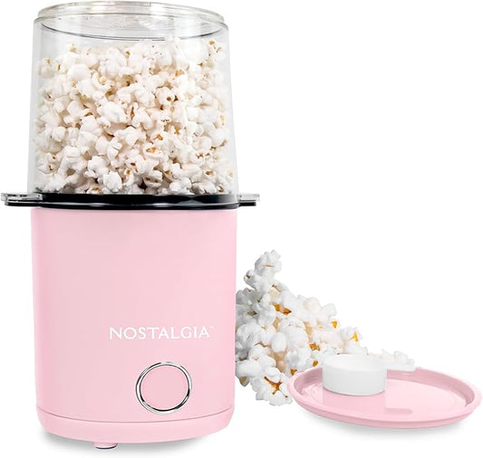 Nostalgia 8-Cup Hot Air Popcorn Maker & Bowl - 2-In-1 Bowl & Lid, 2 oz Measuring Cup - Oil-Free Pop Corn for Movie Night, Snacks, Birthday Parties, and More - Pink