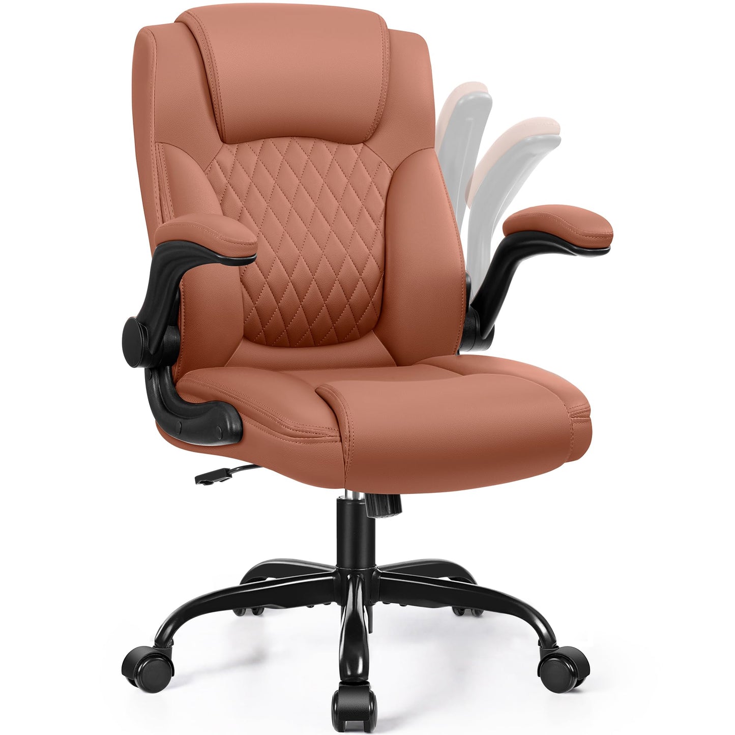 Leather Office Chair, PU Home Computer Desk Chairs with Ergonomic Back Support, 360°Swivel Free，Small Gmaing Chair with Wheels and Adjustable Armrests, for Short People Use, Brown